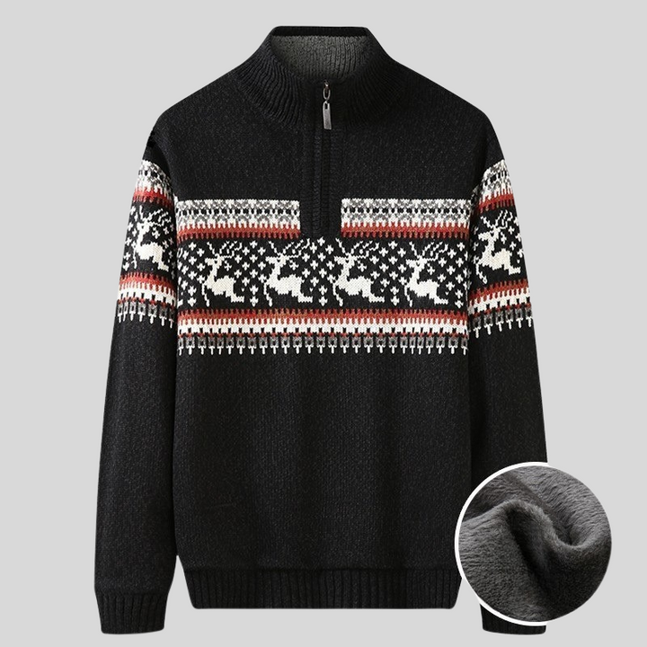 Drune | Nordic Strickpullover Halber Reißverschluss mit Hohem Kragen Warme Plüschfutter