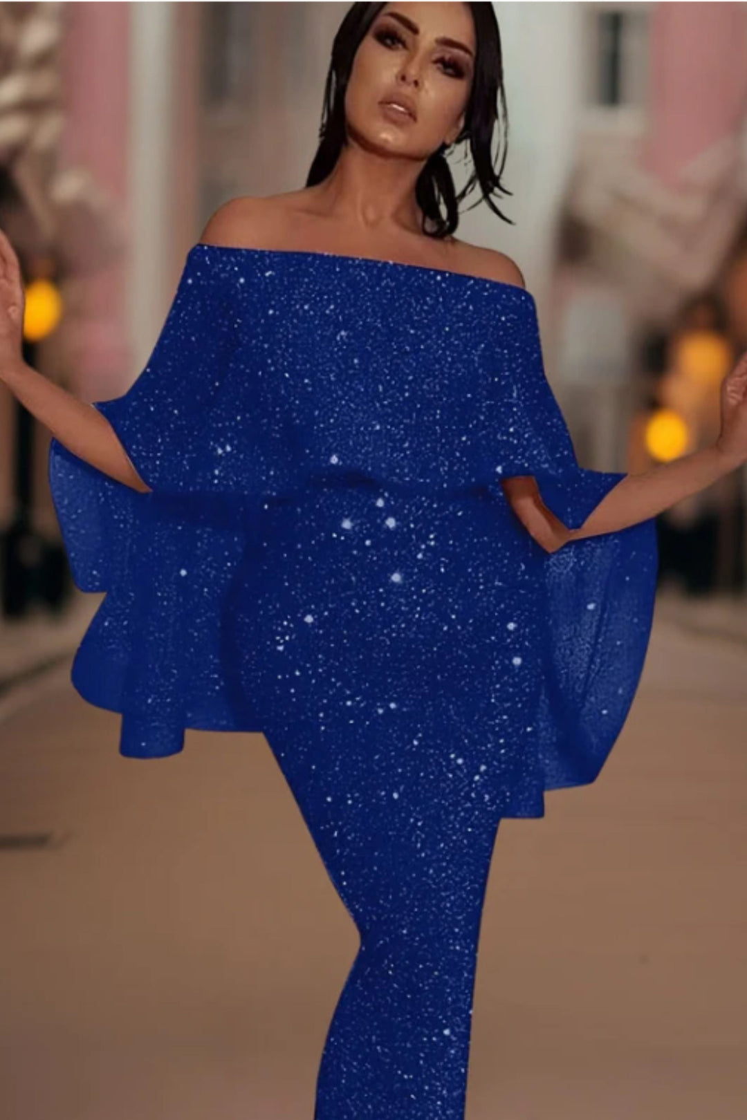 Drune | Off-Shoulder Glitzer Maxi Kleid
