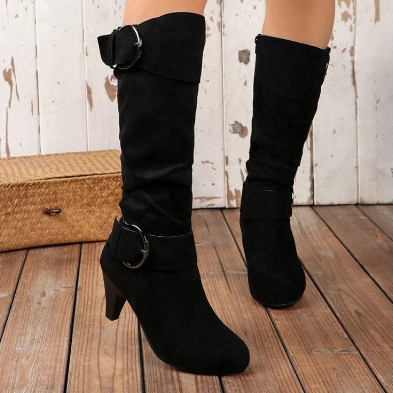 Drune | Damen Knielange Stiefel mit Reißverschluss und Schnalle Stilvolle Hohe Stiefel
