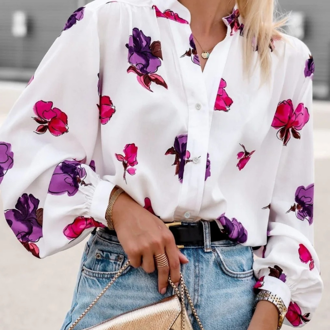 Drune | Weiße Elegante Damenbluse mit Blumenmuster und Kragen