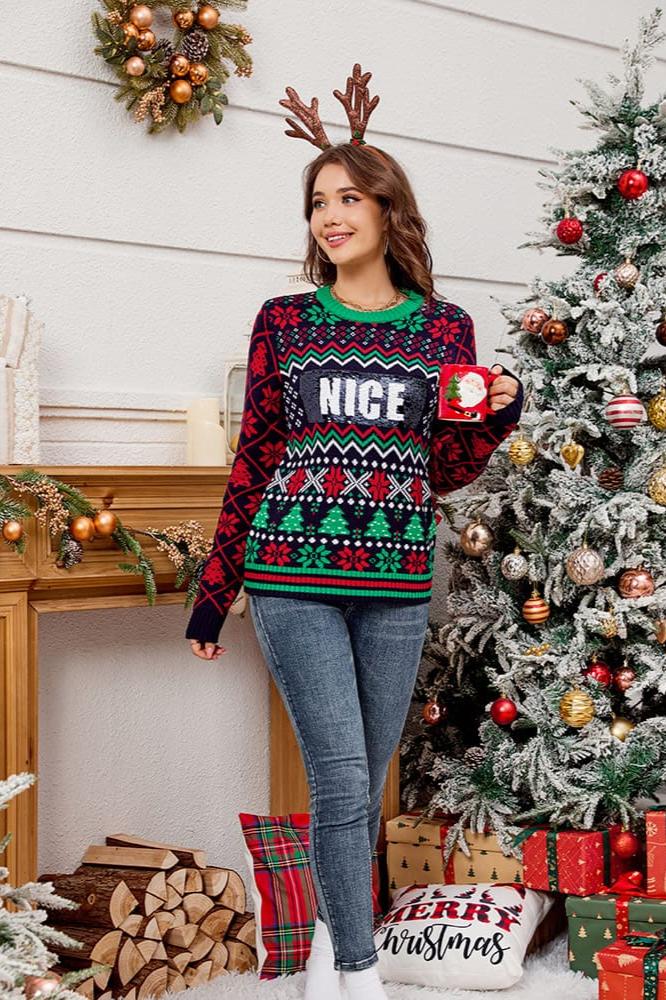 Drune | Pailletten bestickter Weihnachts-Jacquard-Strickpullover