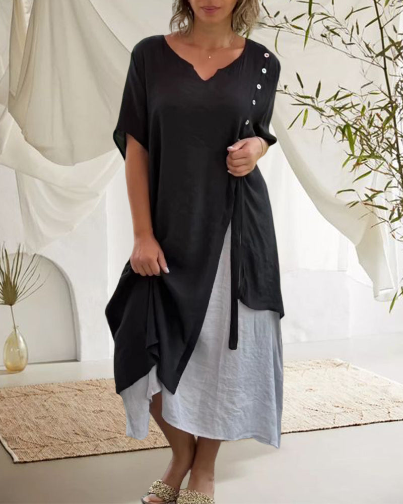 Drune | Asymmetrisches Kleid mit kurzen Ärmeln und V-Ausschnitt