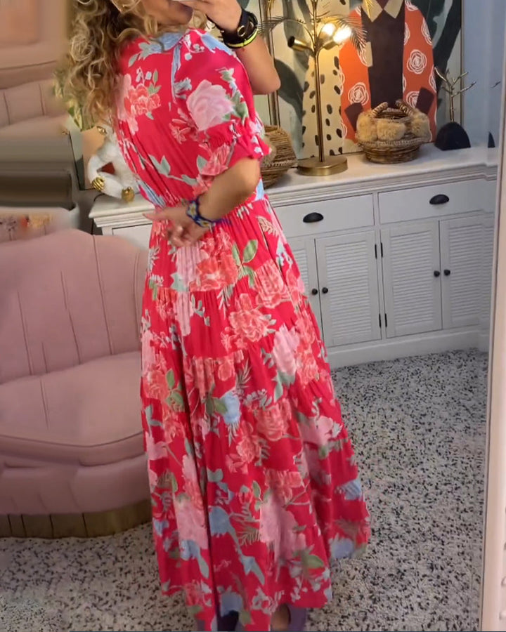 Drune Kleid | Trendiges langes Blumenkleid mit V-Ausschnitt und kurzen Ärmeln für Damen