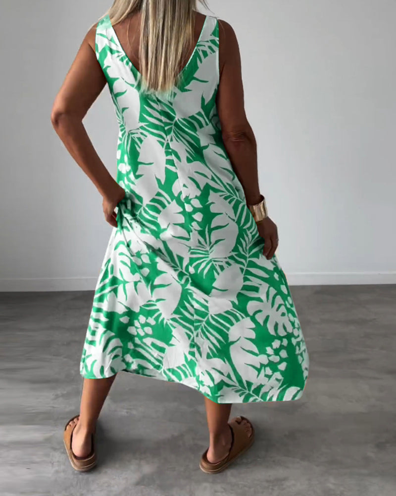 Drune | Lässiges, Ärmelloses Kleid mit Blattmuster
