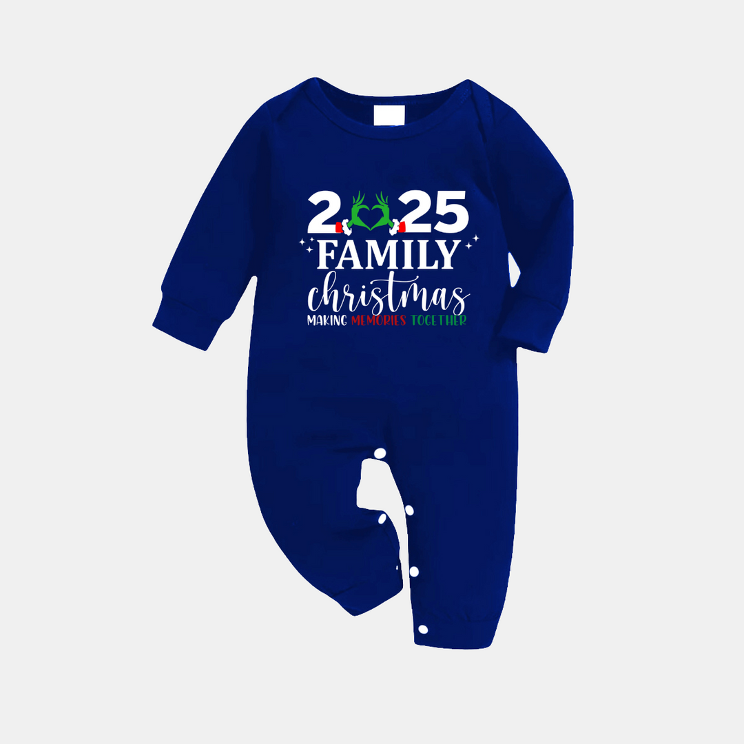 Drune | "2025 Familie Weihnachten" Text Gedruckt Blau und Weiß Karierter Familienpassende Pyjamas