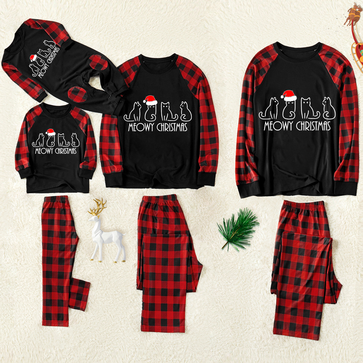 Drune | Weihnachts Cartoon Katze Muster "Meowy Christmas" Kontrast Oberteil und Schwarz & Rot Karierte Hose Familie Passende Pyjama Set