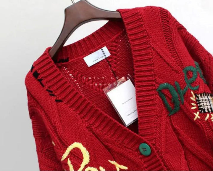 Drune | Strick V-Ausschnitt Damenjacke mit Stickerei