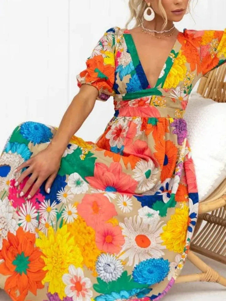 Drune Floral Sommerkleid | Luftiges elegantes Sommerkleid mit V-Ausschnitt und Bubble Sleeves und Blumendruck