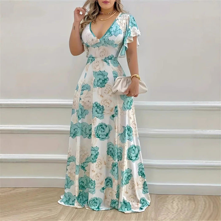 Drune | V-Ausschnitt Temperament elegant große Größe gedruckt Kleid