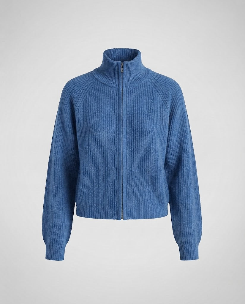 Damen gerippte Strickjacke mit Stehkragen und Reißverschluss Drune