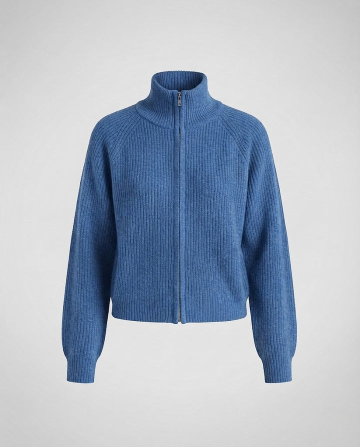 Damen gerippte Strickjacke mit Stehkragen und Reißverschluss Drune