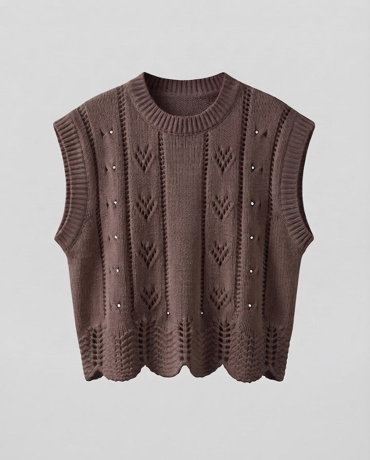 Damen Gestrickte Ajour-Ärmellose Weste mit Muschelsaum Drune