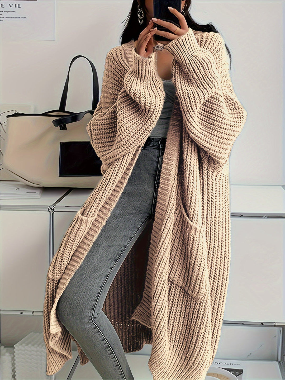 Drune | Lange Aufgenähte Taschen Wolle Strickjacke Für Damen - Perfekt für Alltag