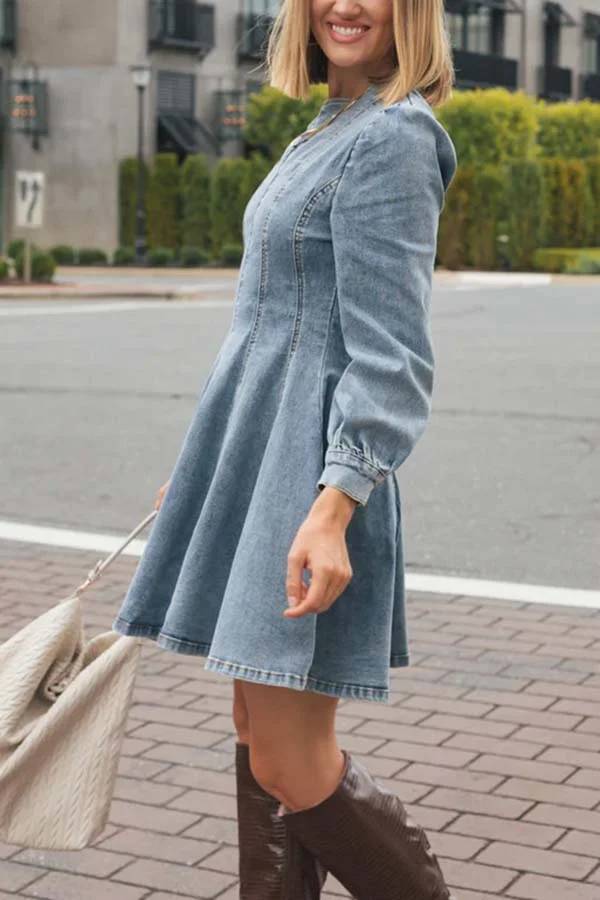 Drune | Fade Into You Denim Prinzessinnenlinie Rückenreißverschluss Flare Stretch Mini Kleid