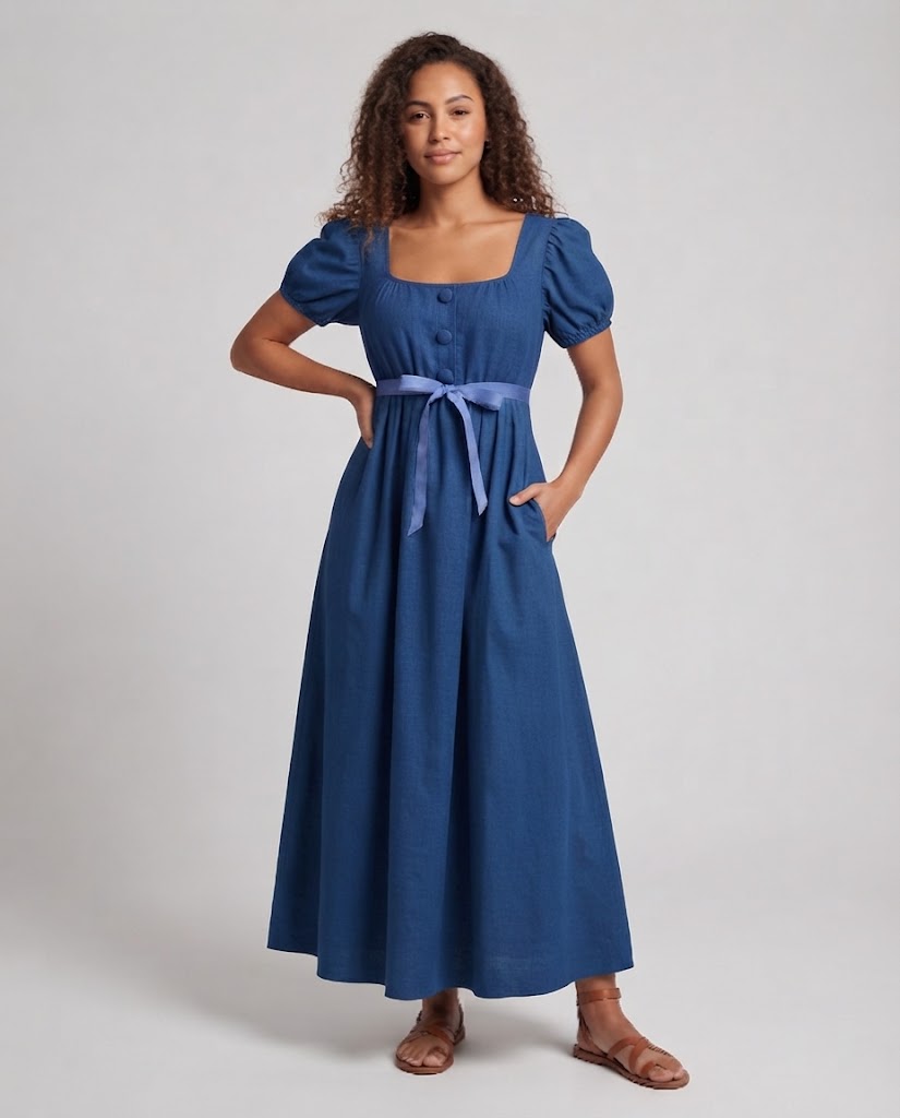 Frauen Elegantes Maxikleid mit Puffärmeln und Taillengürtel Drune