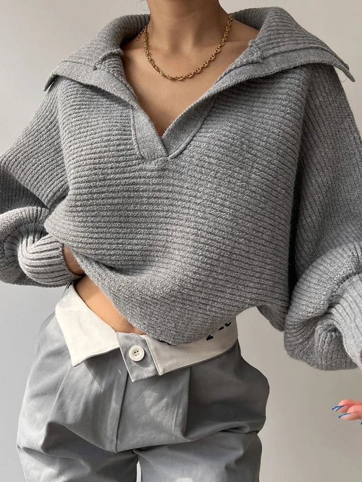 Drune | Cozy knitted sweater with lantern sleeves and open collar