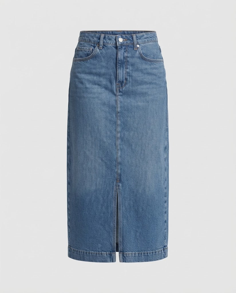 Damen Hochtaillierter Denim-Midirock mit Frontschlitz und geradem Schnitt Drune