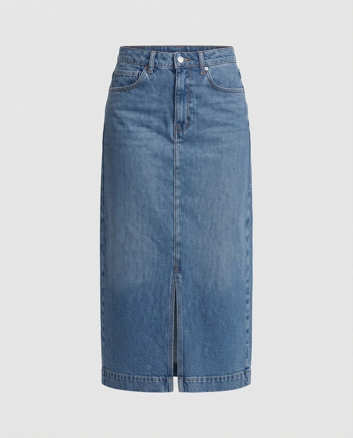 Damen Hochtaillierter Denim-Midirock mit Frontschlitz und geradem Schnitt Drune