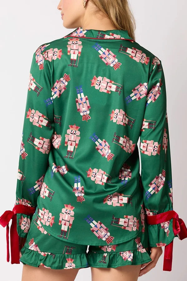 Drune | Weihnachten Mode Gedruckte Fliege Oberteil und Elastischer Taillen Rüschenshorts Set