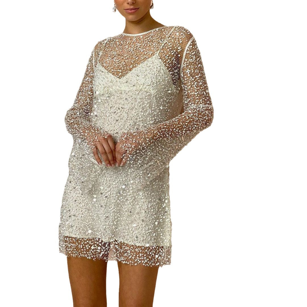 Drune | Perlen See-through Mesh Zweiteiliges Set Sling Kleid