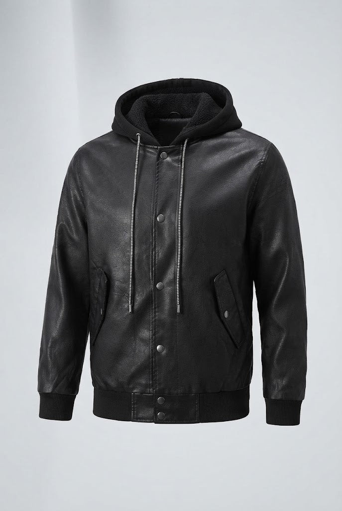 Herren Modische Kunstlederjacke mit Kapuze Drune