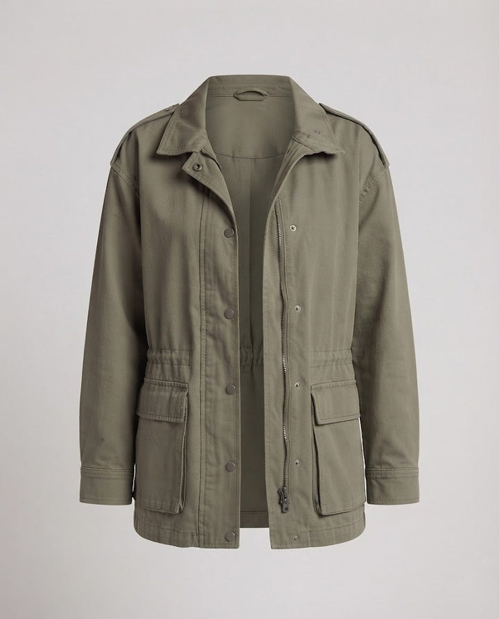 Damen Oversize-Fieldjacke im Military-Look mit Tunnelzugtaillierung und großen Pattentaschen Drune