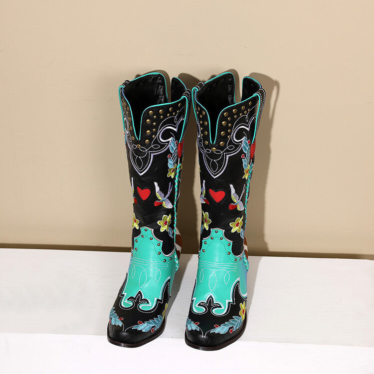 Drune | Denim Western Schuhe Damen Leder Stiefel Fantastische Stickerei