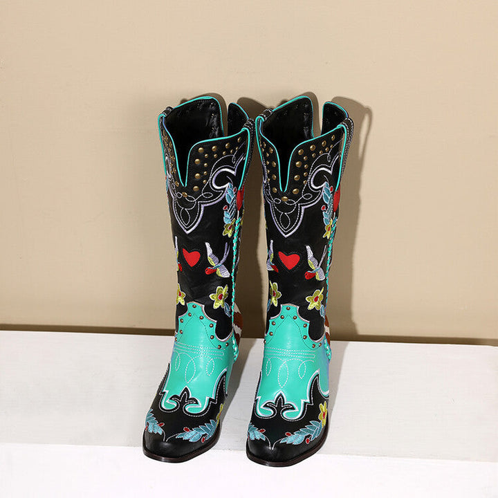 Drune | Denim Western Schuhe Damen Leder Stiefel Fantastische Stickerei