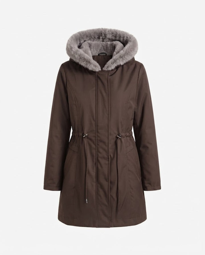 Damen knielange Thermoparkas mit abnehmbarem Teddyhood, Kordelzug in der Taille und verdeckter Frontklappe