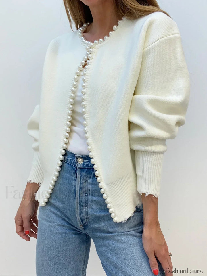 Drune | Knit cardigan with pearl embellishments and frayed hem