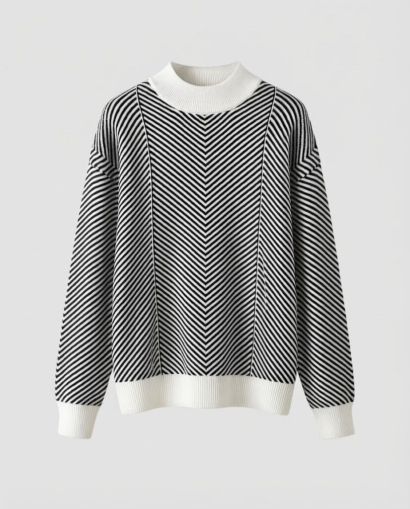 Damen Feinstrick-Pullover mit Chevron-Streifen und leichtem Mockneck Drune