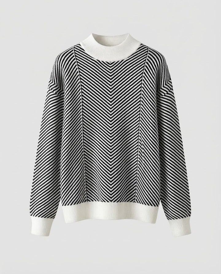 Damen Feinstrick-Pullover mit Chevron-Streifen und leichtem Mockneck Drune