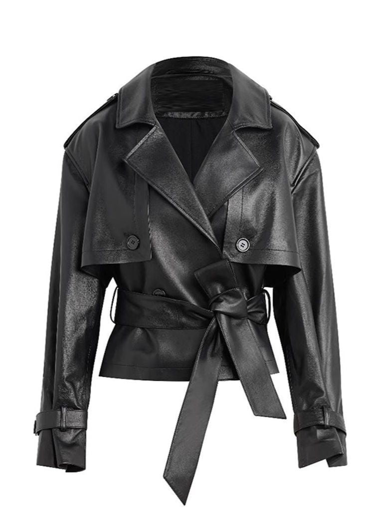 Drune | Kunstleder gekürzte Gürteltrenchjacke