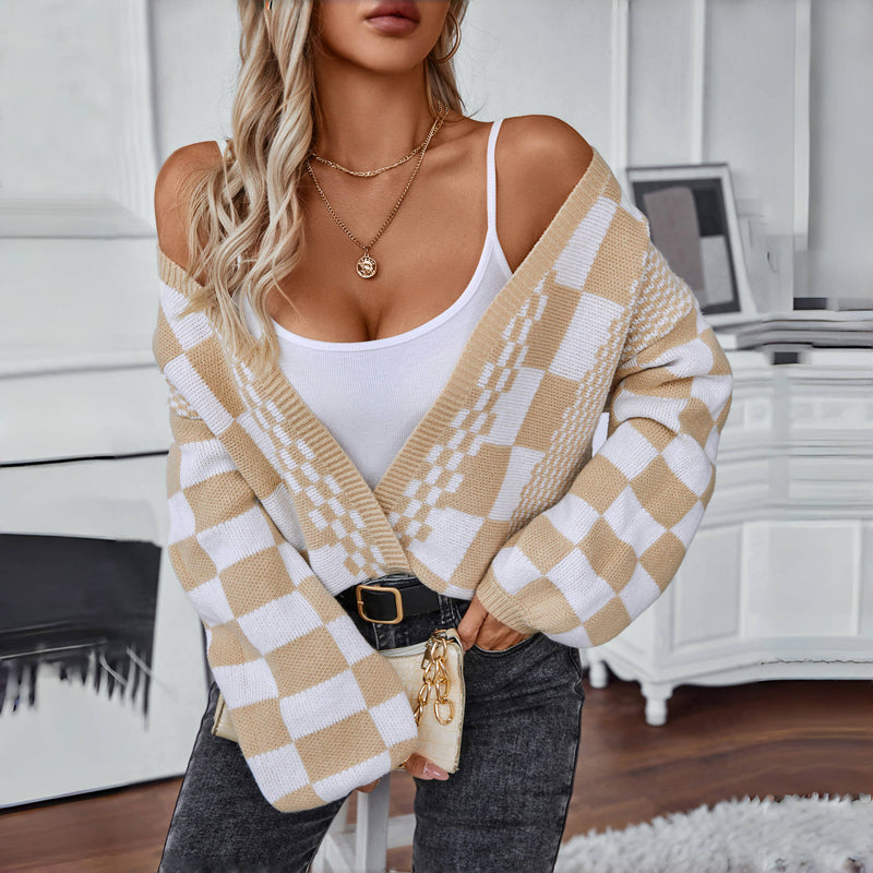 Drune | Kariert Gestrickte Strickjacke für Damen