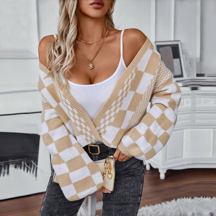 Drune | Cardigan - Damen Herbst Casual Karierter Gestrickter Cardigan