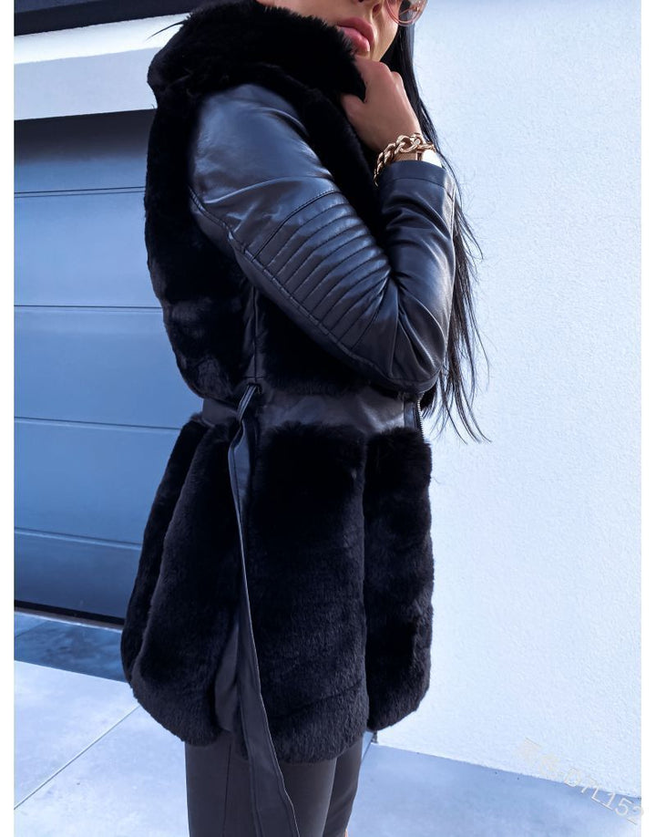 Drune Stil Pelz Gürtel Gürtel Mit Kapuze Zipper Jacke für Damen