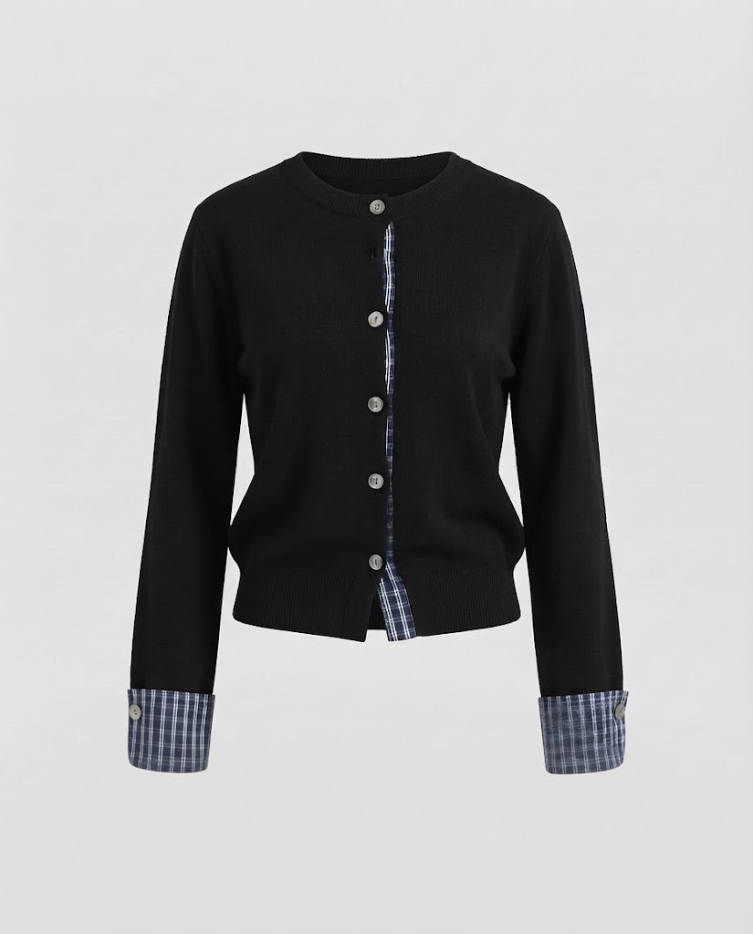 Damen Zweiteiliges Layering-Set aus geripptem Cardigan mit Karomanschetten und High‑Waist Rib-Shorts Drune