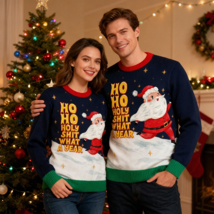 Drune | "HO HO HO" & Santa Druck Feiertags-Pullover - Absichtliches Festliches Eigenheiten