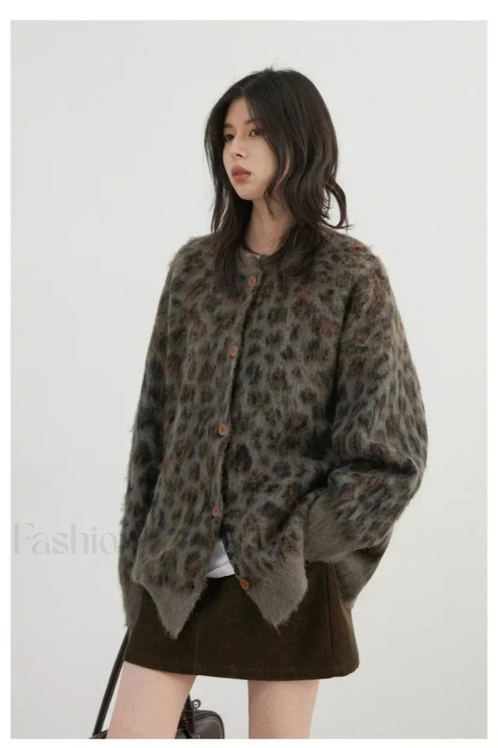 Drune | Cozy leopard print single-breasted cardigan