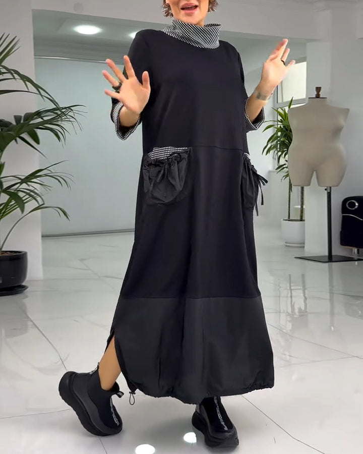 Drune | Kariertes Patchworkkleid mit Hohem Kragen und Tasche