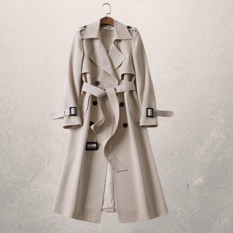 Drune | Trenchcoat Lang Klassisch Schnitt Doppelreiher mit Gürtel und Sturmklappe