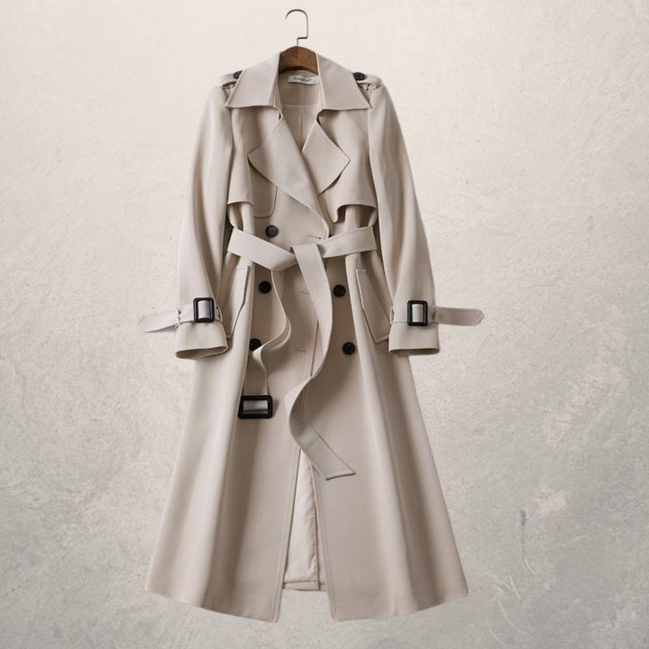 Drune | Trenchcoat Lang Klassisch Schnitt Doppelreiher mit Gürtel und Sturmklappe