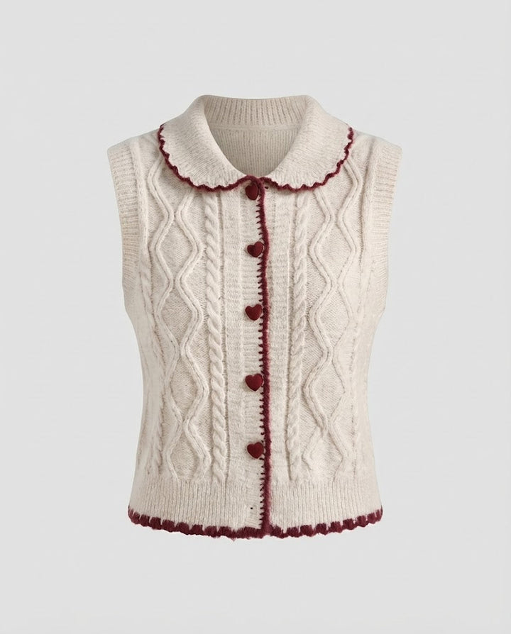 Damen Gestrickte Kurzweste mit Zopfmuster, Herzknopfleiste und Peter-Pan-Kragen Drune