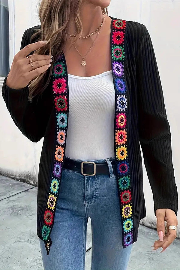 Drune | Boho knit cardigan with floral trim and long sleeves
