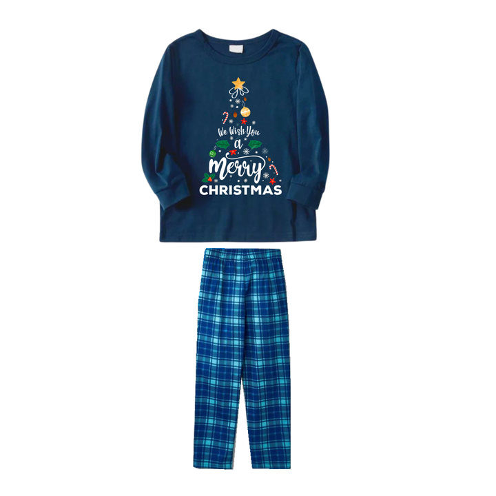 Drune | "Wir wünschen Ihnen ein frohes Weihnachten" Bedrucktes blaues Langarmoberteil mit blauer Karomuster Familien-Pyjamas im Partnerlook