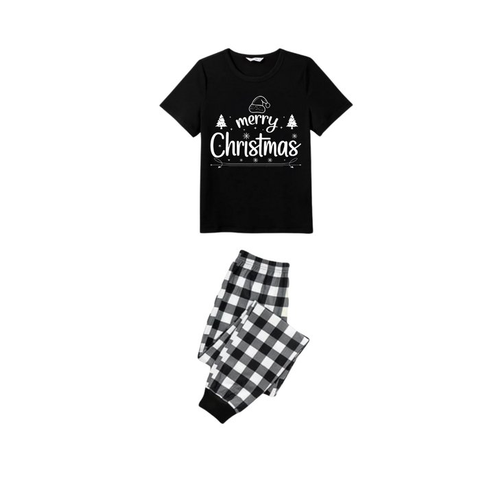 Drune | Wir wünschen Ihnen ein frohes Weihnachtsbaum-Familien-Pyjama-Set - Schwarzes Oberteil Schwarze und weiße Karohose Feiertagsgrafik