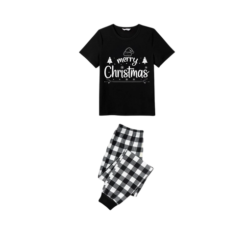 Drune | Wir wünschen Ihnen ein frohes Weihnachtsbaum-Familien-Pyjama-Set - Schwarzes Oberteil Schwarze und weiße Karohose Feiertagsgrafik
