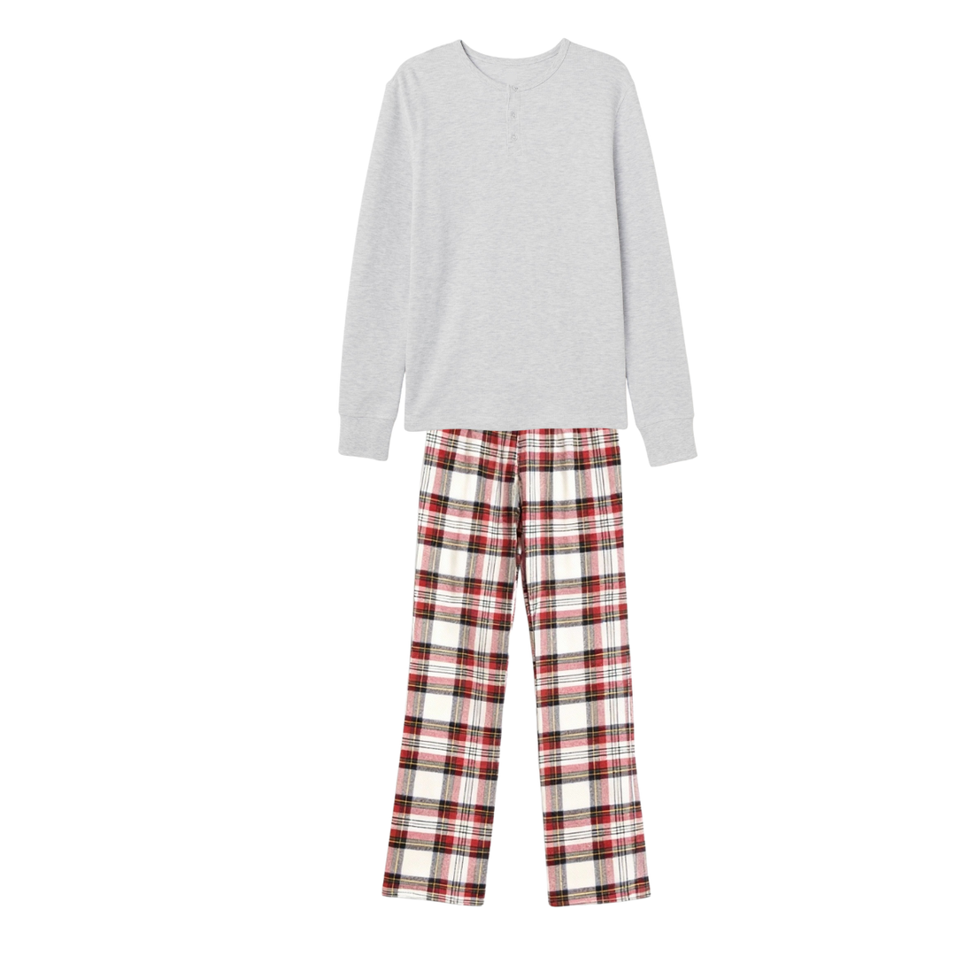 Drune | Paar Schlafanzug-Set – Graues Knopf-Hals T-Shirt & Rote Karohose