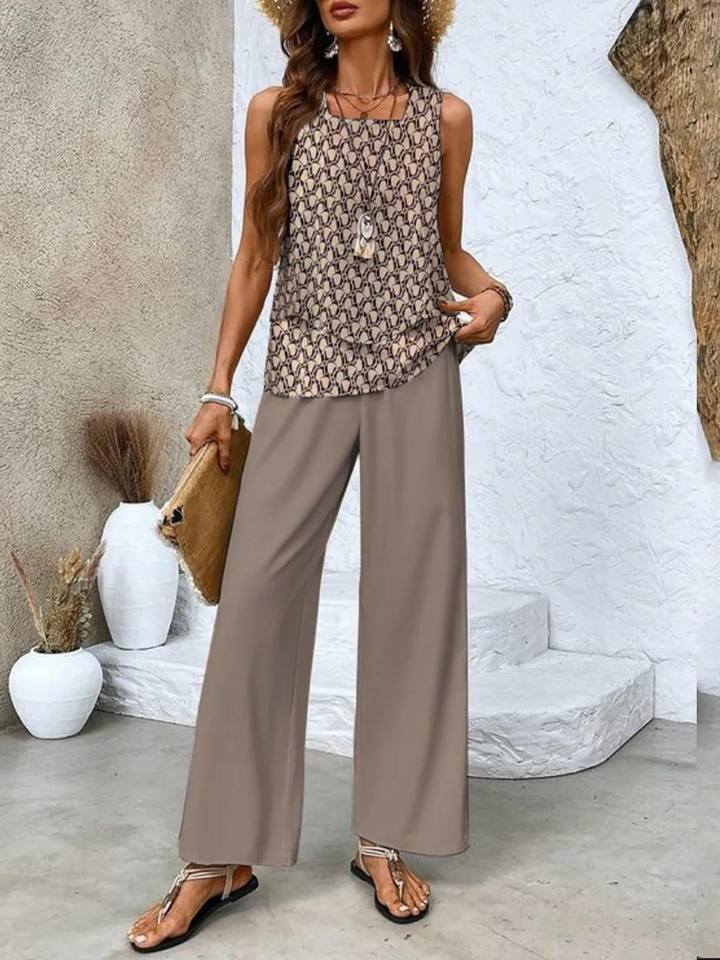 Drune | Stilvolles Blumenmuster Top und Hosen Set
