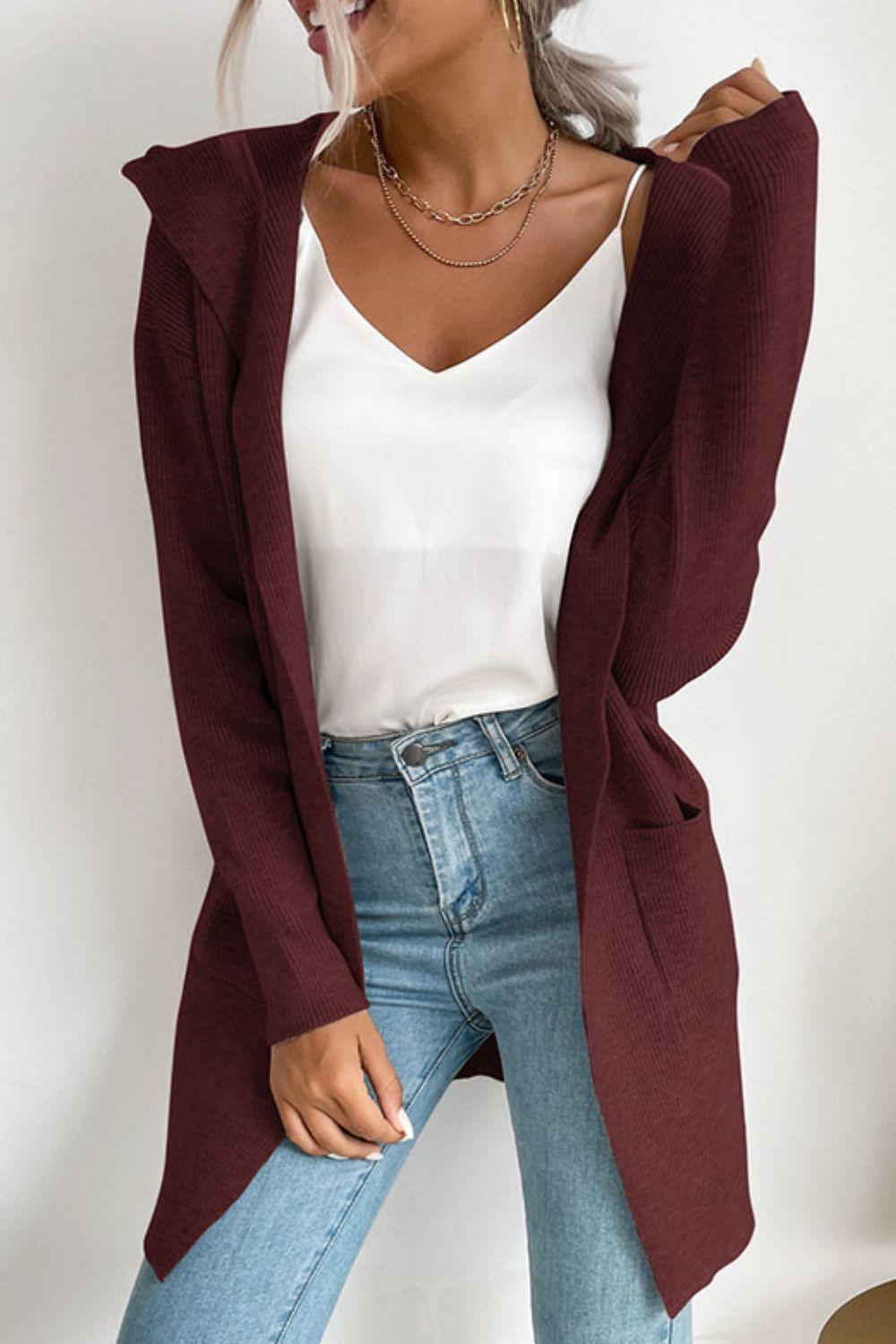 Drune | geripptes offen-front Cardigan mit Kapuze und Taschen